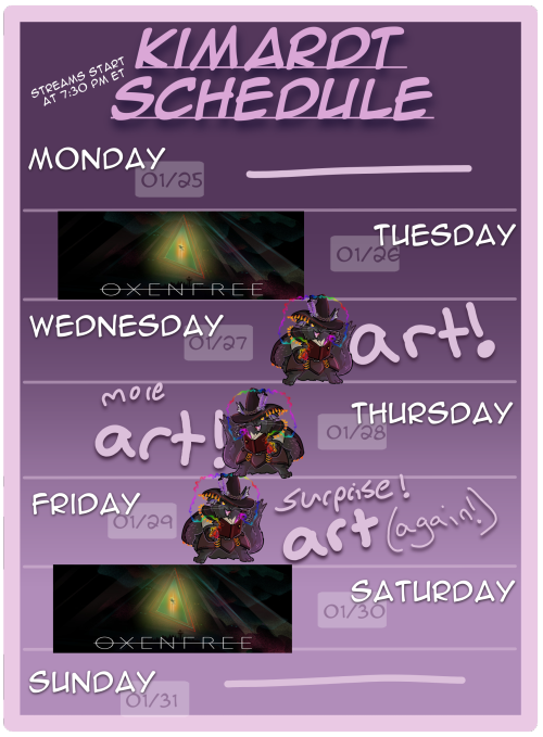 Stream schedule for the week! Tune in Tuesday 01/26 as I play Oxenfree for the first time! I have ze