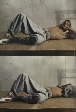 teenagedirtstache: grey cotton jacket, Jil Sander; baggy pants, Raf Simons. Cintura di cuoio, Comme des Garcons; espadrillas Jean Paul Gaultier