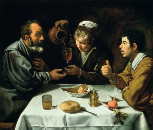 spanishbaroqueart:Diego Velázquez’s early paintings · Men at table with still-life:1. The Three Musi