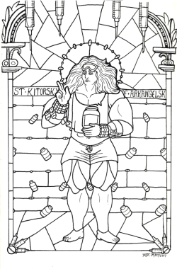 nansmenagerie:  Last night I drew some joke gifts for her, but today I drew and inked @mechabekahscakery’s Kitorsky as the Patron Saint of Steroids in stained glass! (based on her own drawing here) HAPPY 29TH, BINCH 