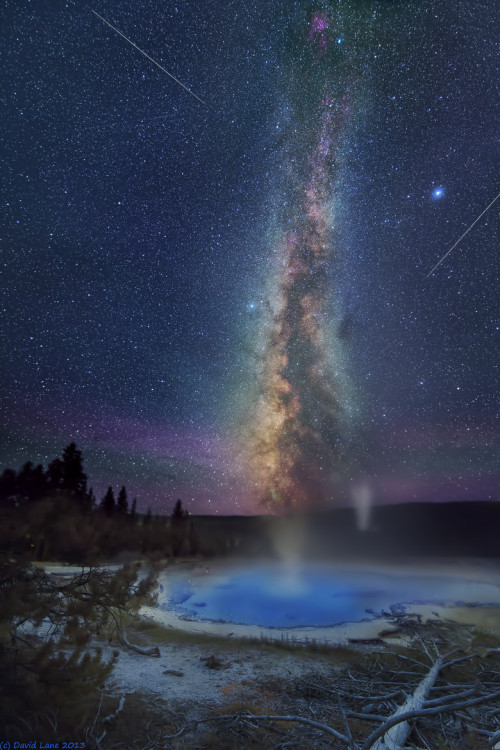 Milky Way and Meteors over the Geysers of Yellowstone [780x1170] by David Lane