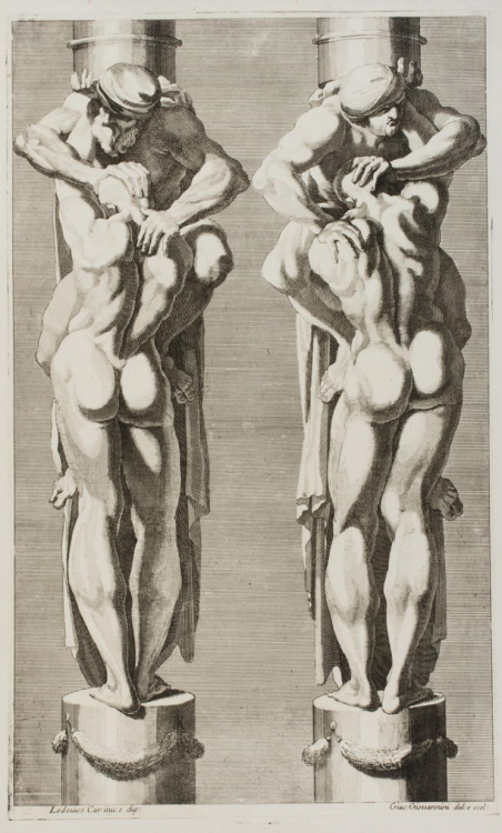 Two Pairs of Atlantes, Giacomo Maria Giovannini, 1694, engraving.Philadelphia Museum of Art