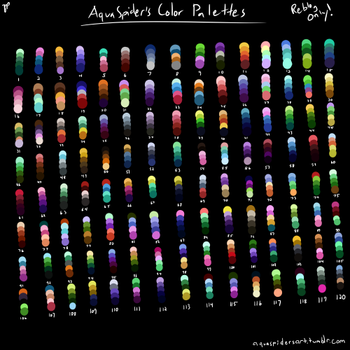 aquaspidersart:AquaSpider’s Color Palettes!I have created 120 different palettes for you guys to use