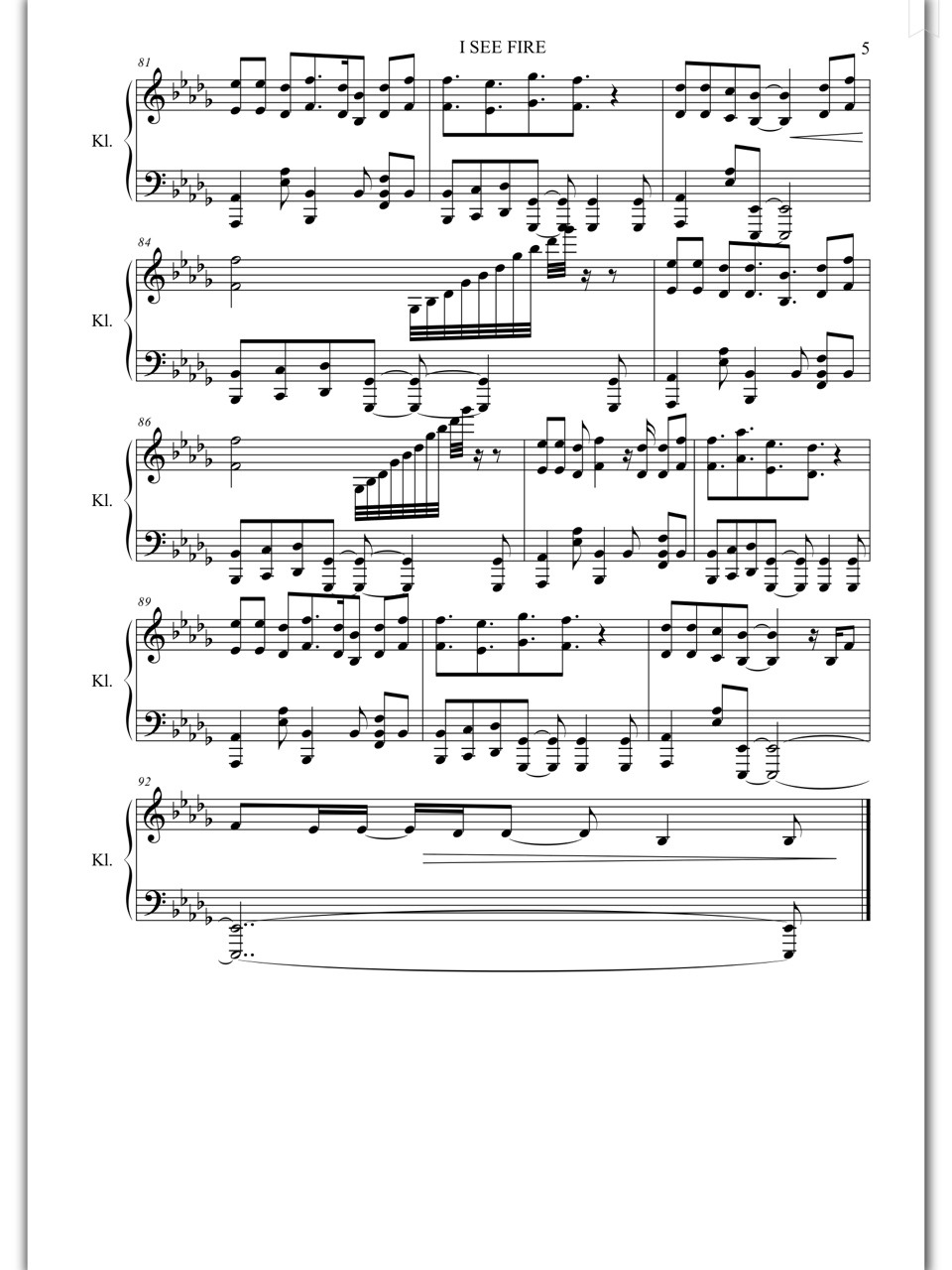 Piano Sheet Music I See Fire Ed Sheeran Piano Sheet