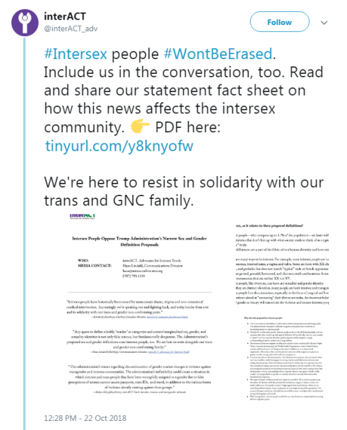 #Intersex people #WontBeErased. Include us in the conversation, too. Read and share our statement fa