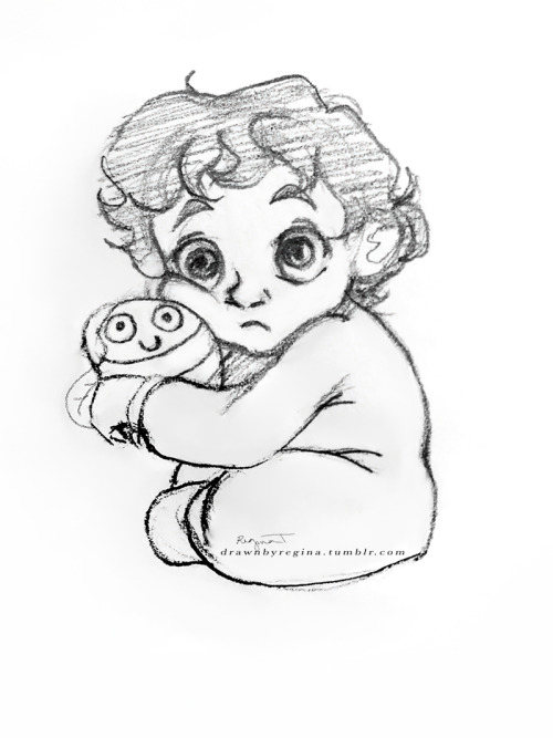 drawnbyregina:Baby Sherlock and his bee plushie.