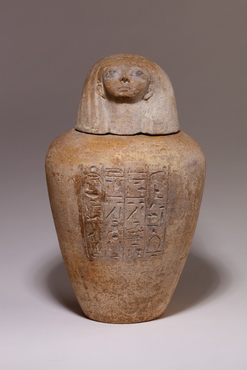 Canopic jar of one Ruiu, topped with the head of Horus’ son Imsety.  Artist unknown; ca. 1504-1447 B