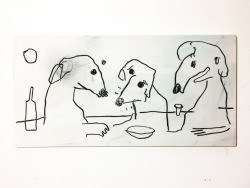 Kazland:  Three Narrow Dogs Drinking Together At Backbar Acrylic, Water Pastel 10X20″