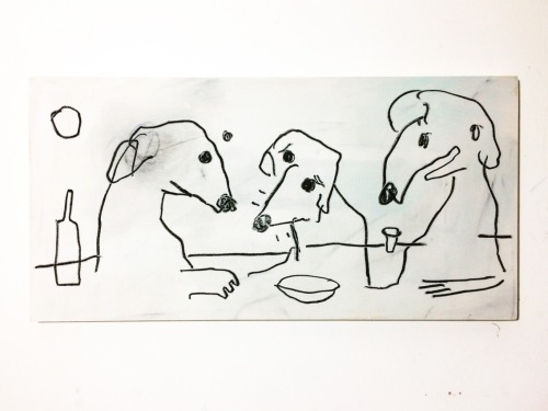 kazland: Three narrow dogs drinking together at backbar acrylic, water pastel 10x20″ panel KAZ