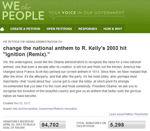 chronicdelight:  thedailywhat:  White House Petition of the Day: ‘Ignition (Remix)’ as the National Anthem The latest petition from the White House’s We The People forum calls on the Obama administration to make R. Kelly’s 2003 R&B hit “Ignition
