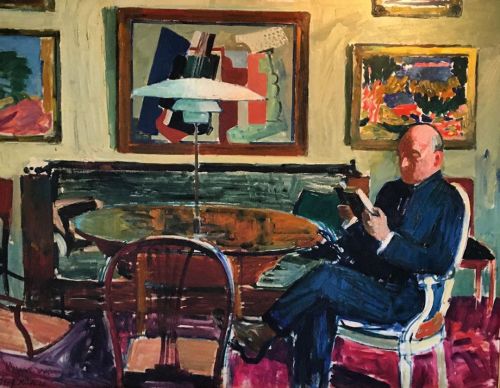 Professor A. Jacobæus sitting in his living room   -   Olaf Rude, 1928.Danish, 1886-1957Oil on canva