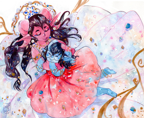 madqueenmomo:The Ruby and her little Saphire~[image description: a watercolor painting of Marion and