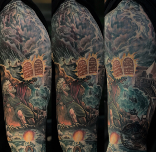 Some finished shots of this Moses and the Ten Commandments freehand sleeve by artist Jonathan Silva 