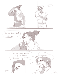 minghii:  back again with my shit comics ive got absolute nothing to start this with except “i want mccree to say hanzo shot an arrow through his heart and hanzo is very serious about it and mccree dies because hes got such a huge crush on this cute