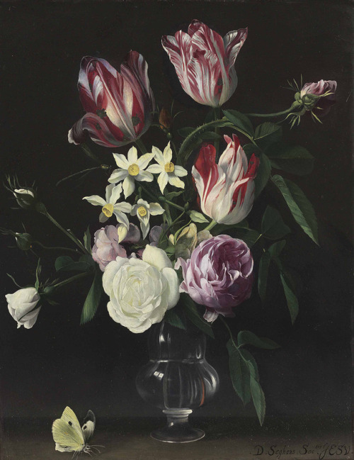 mauveflwrs: Daniel Seghers - Roses, tulips, and narcissi in a glass vase, with a butterfly, on a led