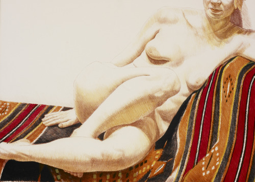 arsvitaest:Philip Pearlstein, Girl on Orange and Black Mexican Rug, 1973, lithographArt Institute of