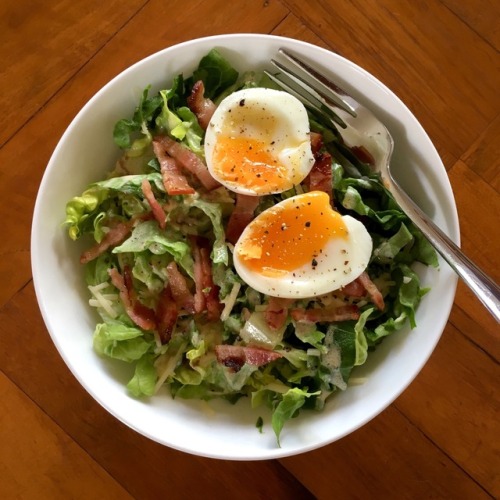 Caesar salad: cos lettuce, parmesan cheese, bacon + soft boiled egg with a homemade mayo + mustard d