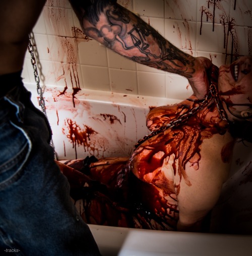 tracks-of-light:  Kept. Blood, blood, and more blood. (Some screams too.) A little sneak into our bloody hotel room night, with @tatted-taylor.   [P:not on Fet, edits: me.]