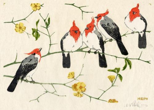 Cardinals   -  Martin Erich Philipp, 1924. German, 1887-1978Colour woodcut on thin laid Japan paper 