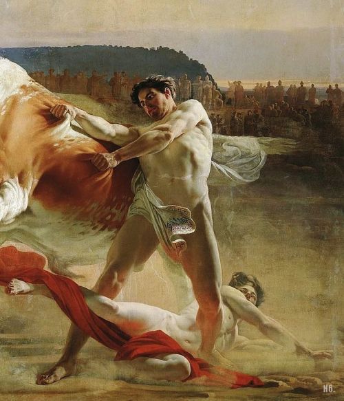 Detail :  Ivan Usmovets stopping an angry bull. 1849. oil on canvas. Evgraf Semenovich Sorokin. Russian. 1821-1892.  