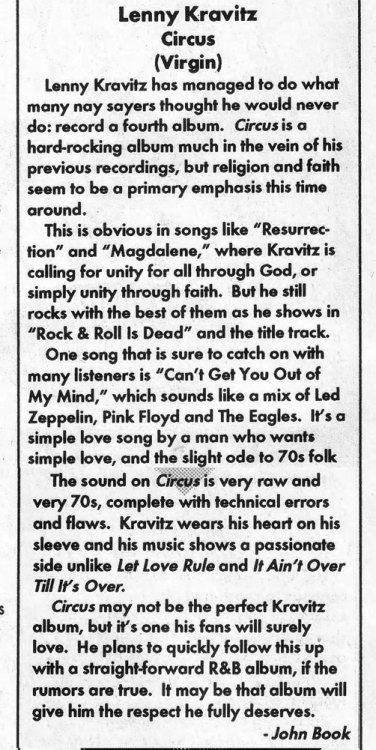 Also from Disc Respect, winter 1995, my review of Lenny Kravitz’s 4th album, Circus.