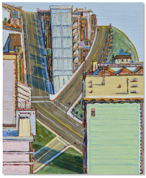 Wayne Thiebaud (American, 1920-2021), Downhill Intersection, 2010. Oil on board, 16 7⁄8 x 14 in.