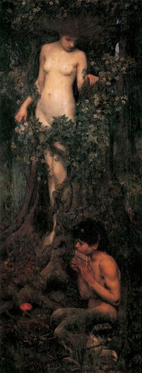 A Hamadryade (1893), by J.W. WaterhouseThe painting shows a Hamadryade (a nymph living in a tree) sp