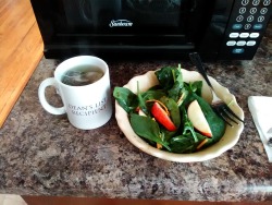Lunch today us whatever I could find in my fridge: spinach, apple, vegan cheese, and balsamic vinaigrette salad with green tea.