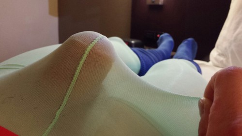 ilovenylonstuff: Sheer lime green tights in red dress and blue thigh high long socks slouched down. 