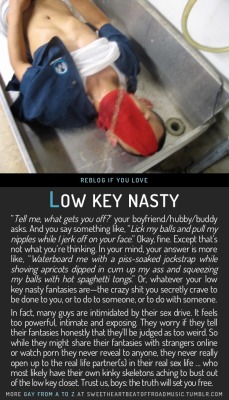 sweetheartbeatoffroadmusic:  LOW KEY NASTY. Find your thing: Gay From A to Z, view the full index alphabetically or by category, or check out my blog. Image source here.