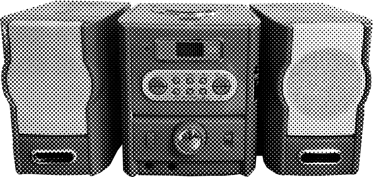 A cutout of a grey non-portable CD player with a half-tone texture