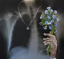crossconnectmag:  Matthew Cox is a Philadelphia-based artist who embraces and joins a variety of media to produce several thematic series of work. Medical x-rays and embroidery, couture and crime, rubber stamps, short -story prose and paint all layer