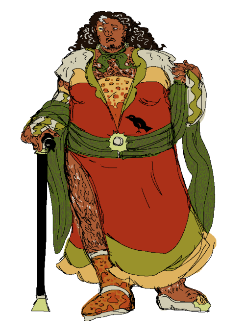 isel's sunset ending design. it's predominantly green and orange, themed around a pineapple conure. the bulk of the outfit is a low v-neck dress with a slit at the left hip.