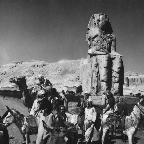 Colossi of MemnonEgyptians with donkeys and camel in front of one the Colossi of Memnon, Theban Necr