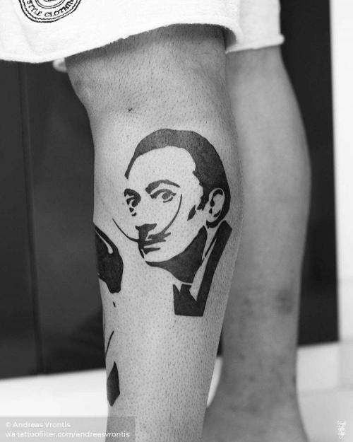 By Andreas Vrontis, done in Limassol. http://ttoo.co/p/36139 andreasvrontis;artist;blackwork;calf;facebook;famous character;graphic;medium size;patriotic;salvador dali;spain;stencil;twitter
