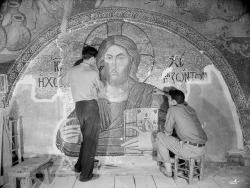 seehagiasophia:Two conservators at work on the lunette mosaic showing Christ Pantokrator in the Kariye Camii, (Chora Museum) 1945–50