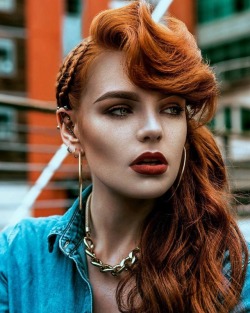 miss-deadly-red:  Boom headshot 💥 awesome new image from @sallysparrow_photography ❤️ hair by Kate Benton ❤️ #model #piercings #redhead #redhair #eyebrows #curlyhair #curls #greeneyes #freckles #contouring #mattelips #bodymods #makeup #mua