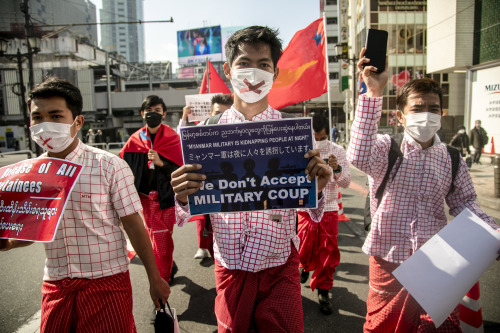 2021.2.14 Myanmar protesters gather in Shibuya, against military coup at home.photo : Shinta Yabe