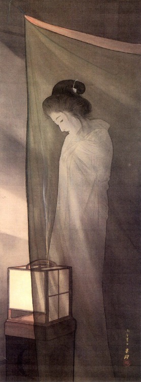 wonderlartcafe:鰭崎英朋「蚊帳の前の幽霊」Eihō Hirezaki, Ghost in Front of a Mosquito Net