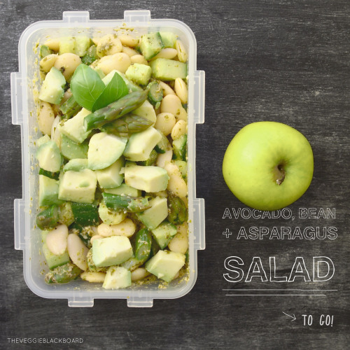 theveggieblackboard:  VEGAN PACKED LUNCH RECIPE IDEA: AVOCADO, BUTTER BEAN, ASPARAGUS AND CUCUMBER SALAD  ½ cucumber 1 can of butter/lima beans 5 stalks of asparagus 1 avocado favorite dressing / pesto baby tomatoes (nice extra)  This salad is