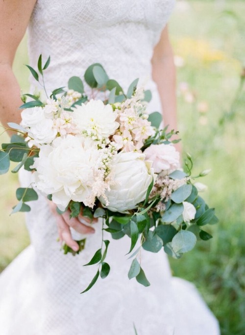 noellalovelyweddings:Dahlia, eucalyptus, garden rose, and peony wedding bouquet
