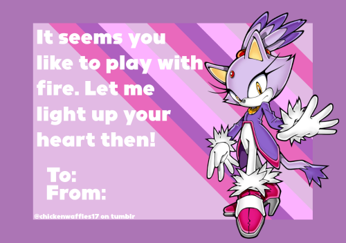 A Valentine's Day card, with Blaze the Cat posing on the right. There is white text next to her that reads "It seems you like to play with fire. Let me light up your heart then!" Under that is white text that says "To:
From:". This is all taking place over a lavender, magenta and purple background with a purple frame.