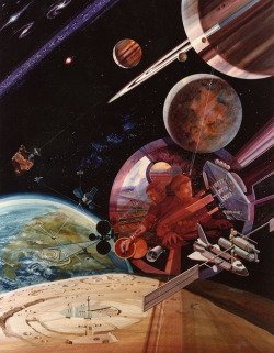 humanoidhistory:  A 1980 illustration by Rick Guidice, commissioned by NASA as “theme art” for “Advanced Automation for Space Missions.” It was a study on the feasibility of using artificial machine intelligence in space applications. (Rick Guidice)