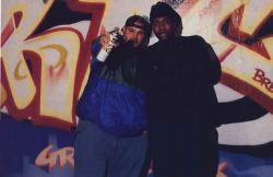 hiphopphotomuseum:  Bronx Bombers. Fat Joe and KRS-One hang in front of a ‘Crack’ piece in the Bronx Hall of fame.  Photo by Chi Modu for The Source Magazine, Issue #59, August 1994.