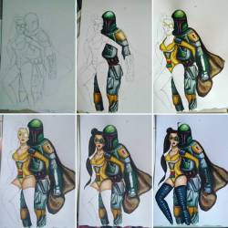 A start to finish of Iain&rsquo;s painting #stepbystep #painting #watercolour #gouache #sexyclaptrap #borderlands #starwars #claptrapcosplay #bobafett #fanart #art #illustration #crossover #couple