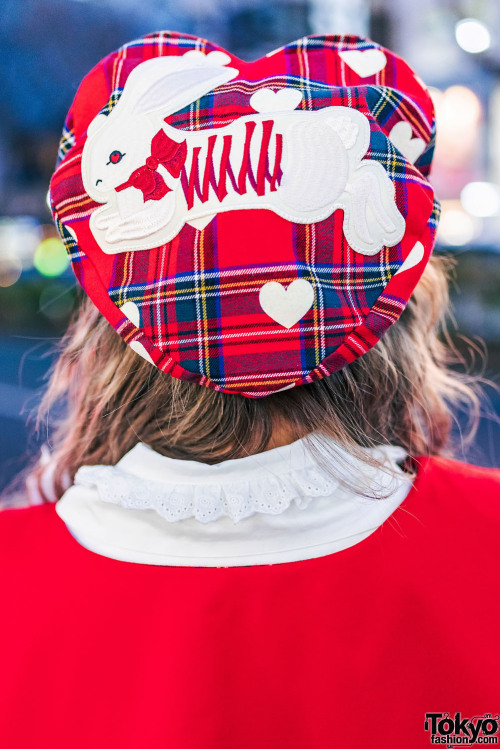 tokyo-fashion: Akari on the street in Harajuku wearing a red plaid outfit by Japanese fashion brand 