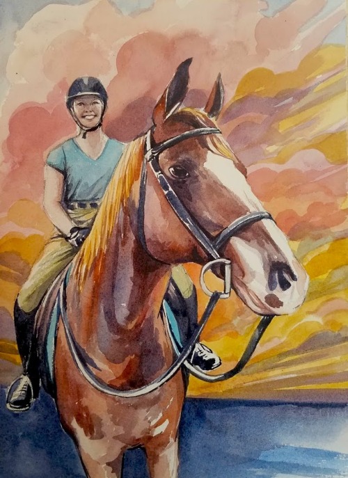Horse commission[ID: A watercolor painting of a person wearing a helmet, a blue tshirt, long pants, 