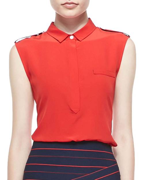 Band of Outsiders Sleeveless Collared Silk Blouse & Striped Side-Zip Knit SkirtHeart it on Wante