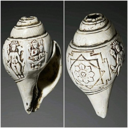 Carved shanka (conch shell)with Vishnu Yantra and Vishnu forms, Nepal