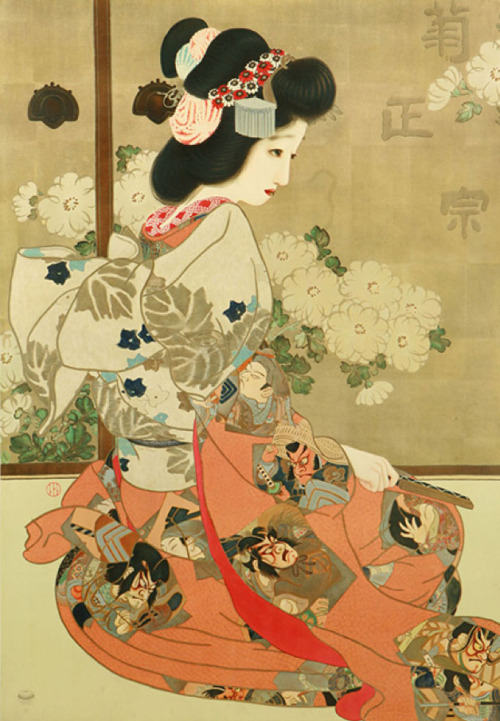 taishou-kun: Kitano Tsunetomi 北野恒富 (1880-1947)Girl wearing a kimono with Kabuki pattern 歌舞伎模様和服を着た女性